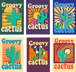Set design Groovy cactus for posters, t-shirts 70s hippie