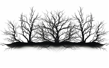 Silhouettes of trees on white background. Front view.