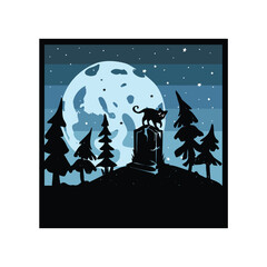 halloween and blue night vector silhouette. black cat, headstone, forest halloween landscape vector silhouette