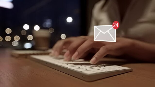 A business woman's hands working and typing on laptop keyboard to send and receive messages by e-mail

Woman hands using laptop with  new email alert sign icon pop up.online communication concept
