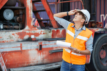 factory worker or engineer holding a clipboard and looking to something in containers warehouse storage