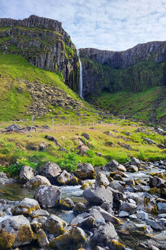 Grundarfell - high waterfall in Grundarfjordur, Iceland