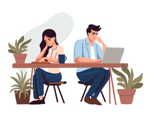 Two tired office workers sitting at the table, vector illustration