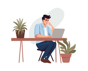 Tired male office worker sitting at the table, freelancer or student, vector illustration
