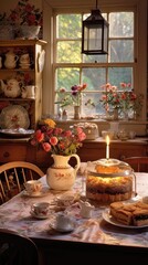Rustic Elegance: Vintage Teapots and Fresh Pastries in a Cozy Country Kitchen. Generative AI 4