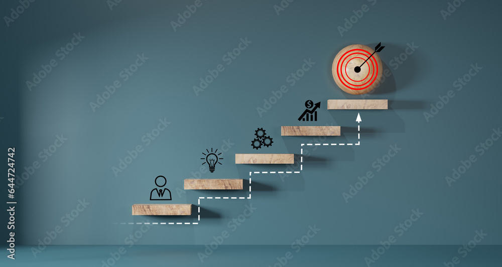 Wall mural woods block step on table with icon action plan, goal and target, success and business target concep