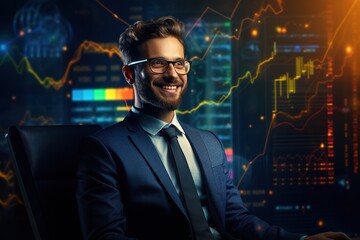 Portrait of a handsome young businessman in suit and glasses sitting at the table with crossed arms and looking at camera. Stock market chart on the background.Generative Ai