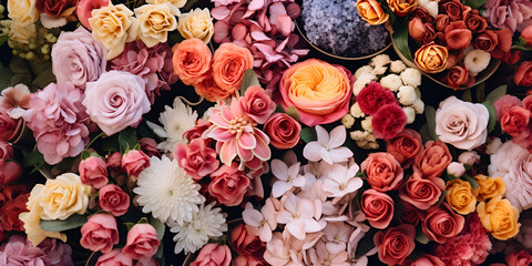 Background with a lot of different beautiful flowers stock photo, Vintage colourful flower background