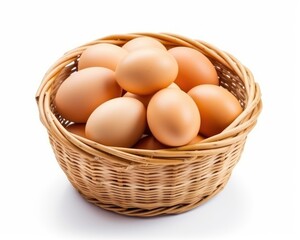 Fresh chicken eggs in woven bamboo baskets are white isolated front view background