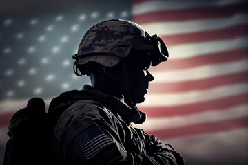 illustration of a military man salutes agnst the background of the American flag.