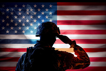 illustration of a military man salutes agnst the background of the American flag.