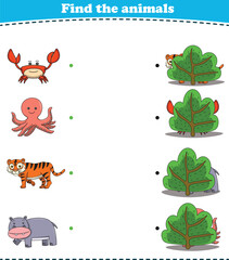 Finding Hiding Animals Child Exercise Sheet crab octopus tiger hippopotamus printable