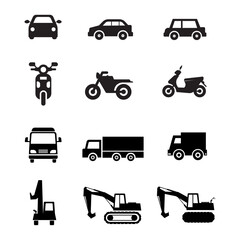 Set icons motorcycle, car, heavy vehicle, excavator.