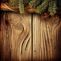 old planked wood board with pine tree branch and decoration