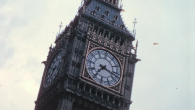 Big Ben tower close up, historical footage from London in the 1960&rsquo;s