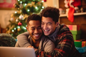 happy young gay couple at christmas making a family video call on a laptop, lgbt or lgbtq asian marriage having a good time at new year celebrations