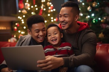 Obraz na płótnie Canvas male gay couple family with a child smiling in the living room having a good time the three together sitting on the couch sofa, kid with two fathers making a family video call at christmas