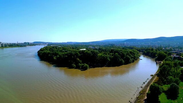 Obuda Island - Location Of Sziget Festival In Budapest, Hungary - aerial shot