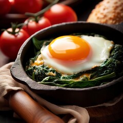 fresh baked egg with spinach and tomato
