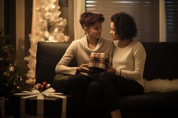 lesbian couple giving gifts and presents to each other, female gay lgbt homosexual african american marriage or black girlfriends having a good time indoors on christmas eve or new year night