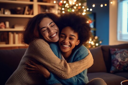 African American Gay Lesbian Couple Hugging And Having A Good Time At Christmas, Sitting On The Couch Or Sofa Indoors