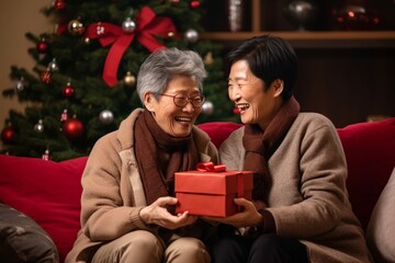 Fototapeta na wymiar old lesbian middle aged couple giving gifts and presents to each other, female gay lgbt homosexual asian marriage or girlfriends having a good time on christmas eve or new year night
