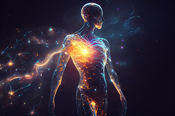 illustration of human body permeated with bright threads of luminescence .