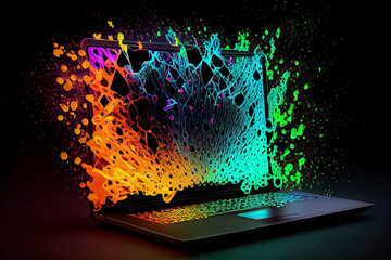 illustration of laptop glowing neon light data centre concept .