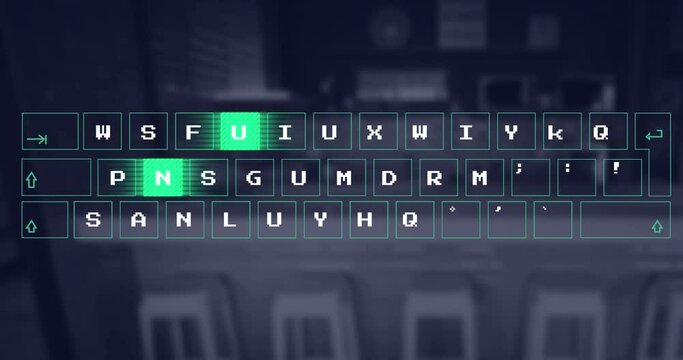 Animation of moving abstract pattern on keyboard over back panel of electronic equipment