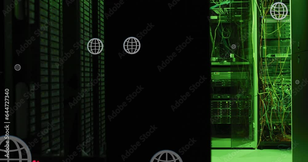 Poster animation of globes over data illuminated server systems in data server room