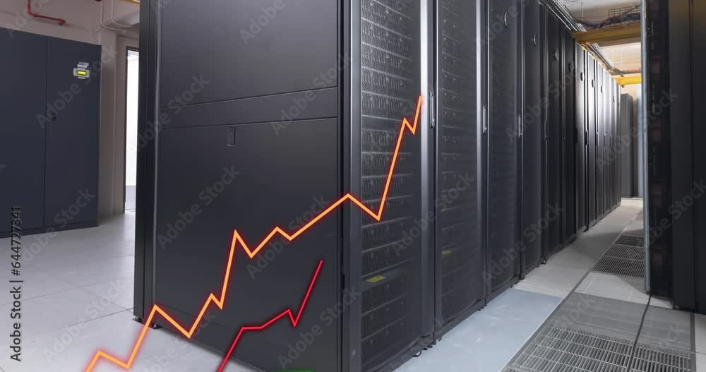 Poster animation of illuminated graphs over data server racks in data server room