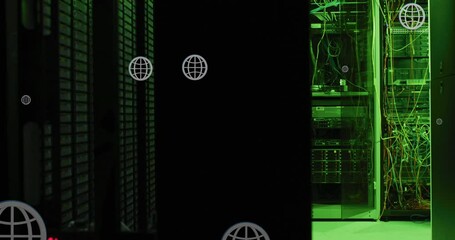 Animation of globes over data illuminated server systems in data server room - Powered by Adobe