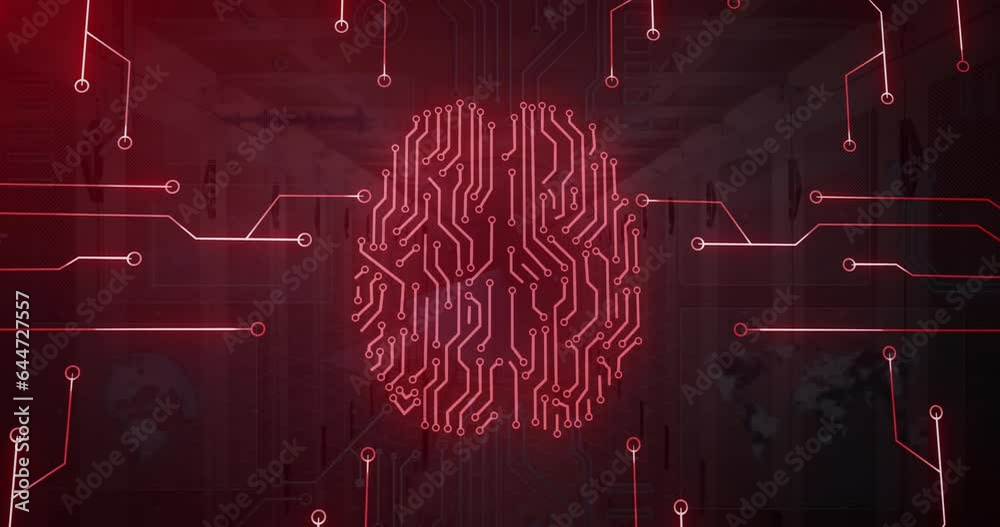 Aufkleber animation of circuit board pattern brain over data server systems in server room