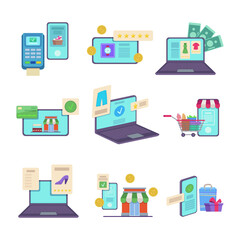 Online store on different devices vector illustrations set. Mobile shopping app on smartphones and laptops, payment with credit card or terminal, money, rating stars icons. Internet commerce concept