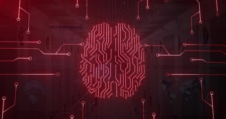Animation of circuit board pattern brain over data server systems in server room - Powered by Adobe