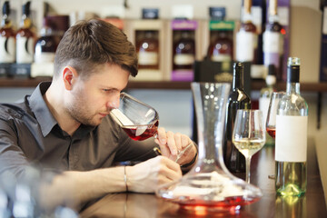 Male sommelier tasting red and white wine, making notes at bar counter