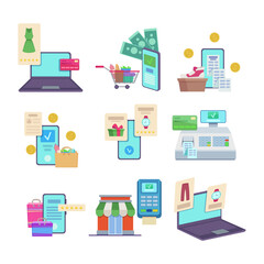 Online shopping payment icons vector illustrations set. Laptops and smartphones with credit card, invoice, terminal, customer review, successful money transaction. Internet commerce concept