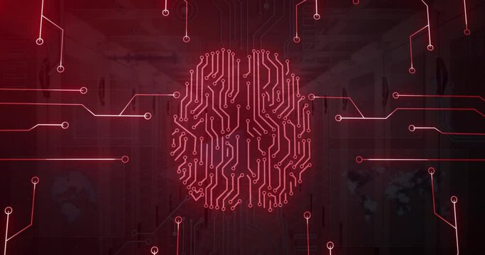 Animation of circuit board pattern brain over data server systems in server room