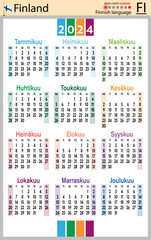 Finnish vertical pocket calendar for 2024. Week starts Sunday