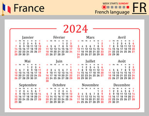 French horizontal pocket calendar for 2024. Week starts Sunday