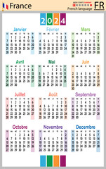 French vertical pocket calendar for 2024. Week starts Sunday