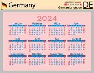 German horizontal pocket calendar for 2024. Week starts Sunday