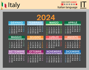 Italian horizontal pocket calendar for 2024. Week starts Sunday