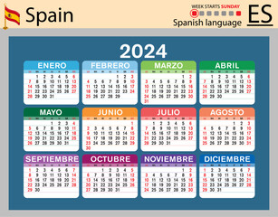 Spanish horizontal pocket calendar for 2024. Week starts Sunday