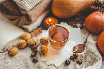 A cup of tea and nuts with condensed milk in an autumn interior