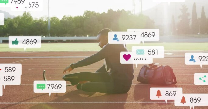 Animation of notification bars over african american athlete performing stretching on race track