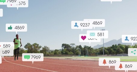 Animation of notification bars, african american athlete running and raising hand for completing lap - Powered by Adobe