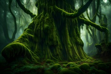 Fototapeta premium A mystical, moss-covered ancient forest with towering trees and ethereal ambiance. 