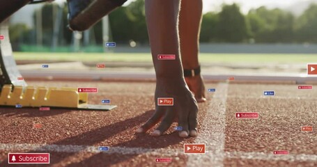 Animation of notification bars over african american athlete taking position at starting point - Powered by Adobe