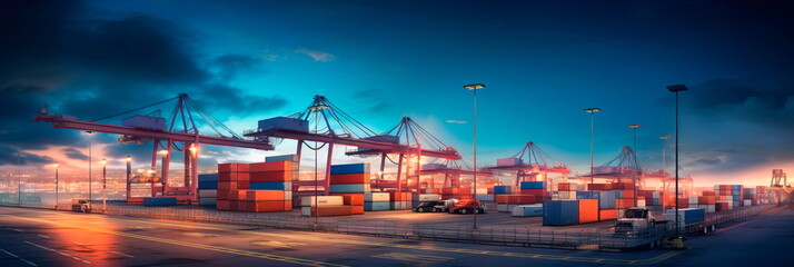 Obraz premium cargo warehouse illuminated by the glow of city lights, representing the constant activity and round-the-clock nature of global trade.